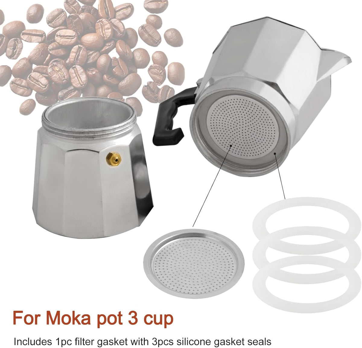 2/3/6/9/12 Cup Gasket & Filter For Stovetop Espresso Coffee Makers, Rubber Seal For Stove Top Coffee Maker Moka Pot, Silicone Gasket Seals, Espresso Machine Replacement Parts(3 cup)