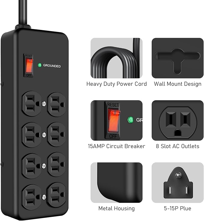 HEZI 8 Outlet Heavy Duty Power Strip, 15Amp Metal Mountable Surge Protector (2700J), Industrial Wall Mount Power Strip for Home, Office, Garage & Workshop, 10FT 14AWG Extension Cord