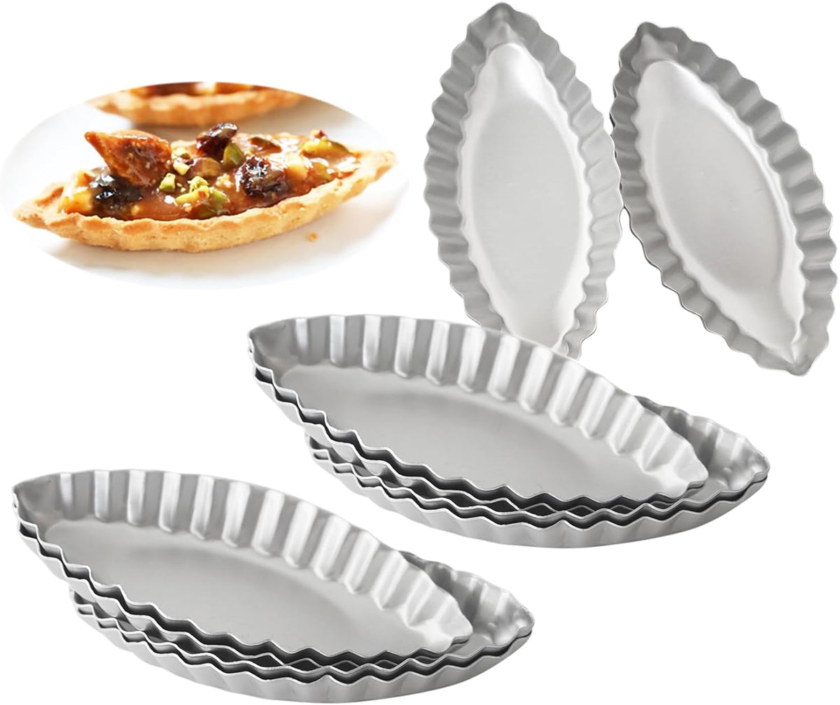 10PCS Egg Tart Pan Boat Shape, Aluminum Small Fluted Oval Tart Mold, Boat Molder for Baking Wavy Tartlet, Fruit Tats, Quiches - Silver