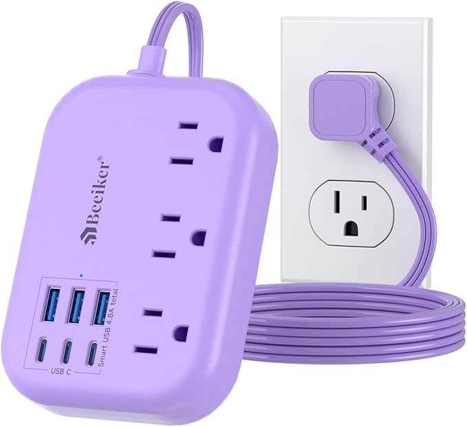 6 USB(3 USB C) Purple Travel Power Strip- 5Ft Purple Extension Cord with USB Charging Station 24W and 3 Outlets, Pink Desk Accessories for Cruise Travel Cute Kawaii Lavender Home Office Dorm Room