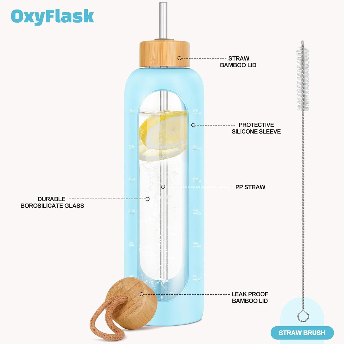 Glass Water Bottles 32 oz - Motivational Drinking Glass Water Bottle with Silicone Sleeve, Straw & 2 Bamboo Lids - 1 Liter Clear Borosilicate Daily Intake Tumbler with Time Marker - Glow in Dark