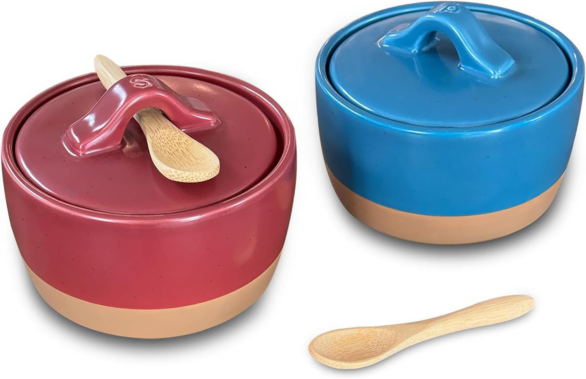 Mora Ceramic Salt and Pepper Cellar Set with Lid - 10 oz Modern Canister/Container/Bowl for Storage, Sea Salt, Spice, Sugar, Countertop - Small Dish/Jar with Wood Spoon, Azure Blue & Crimson Red Crock
