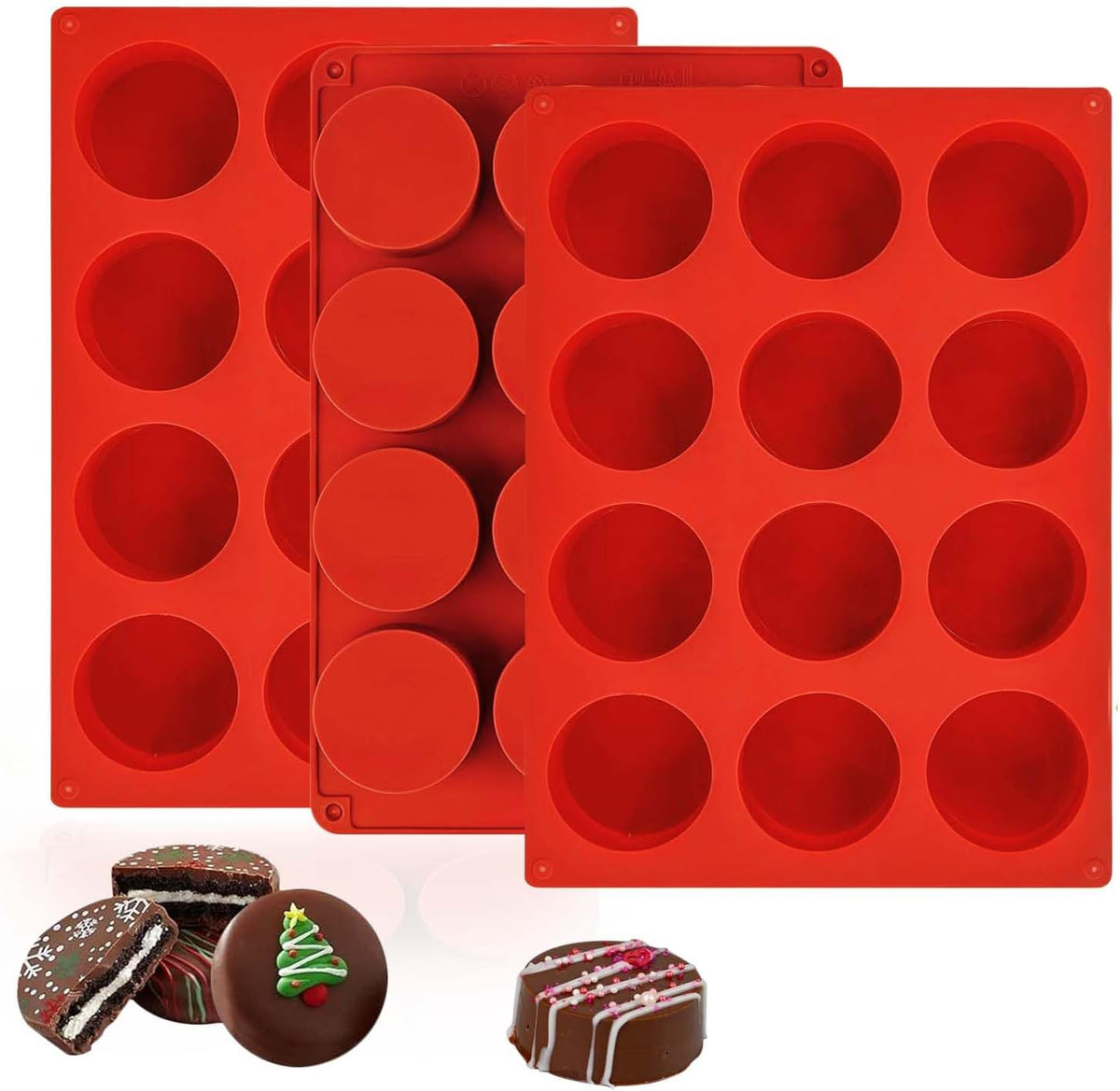 3Pcs Oreo Cookie Chocolate Silicone Molds, 12-Cavity Round Chocolate Cookie pans for Candy, Silicone Baking Molds for Mini Cakes, Jelly and Muffin Baking (red)