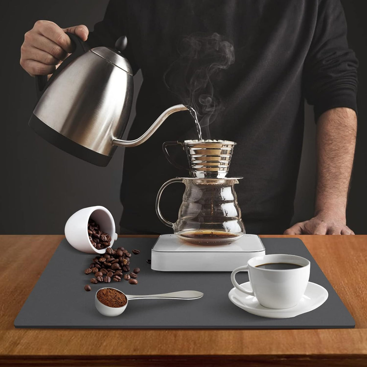 ZLR Coffee Mat - 12" x 20" Middle Kitchen Hide Stain Absorbent Dish Drying Mat for Countertop - Easy to Clean Coffee Bar Mat for Espresso Machine and Spill Protection - Dark Gray
