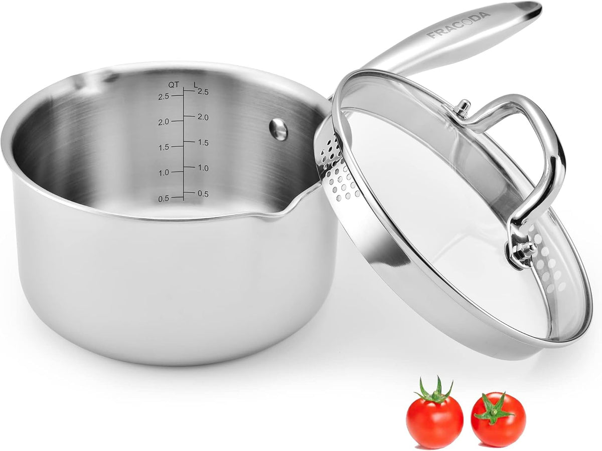 2.5 Quart Stainless Steel Pot Saucepan with Glass Strainer Lid, Sauce Pot with Two Side Spouts, Induction Cooking Pot, Multipurpose Sauce Pan with Lid for Cooking(Tri-Ply Full Body)