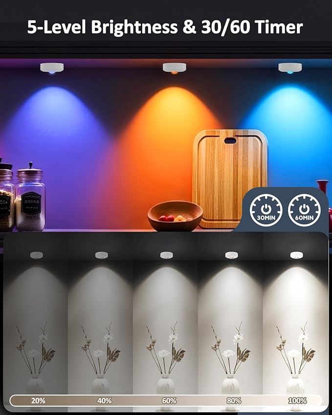Yiliaw LED Puck Lights with Remote, Magnetic AAA Battery Operated Light, Under Cabinet Lighting, Tap Lights with Dimmer & Timmer for Kitchen, Closet, Shelf - 6 Pack, White