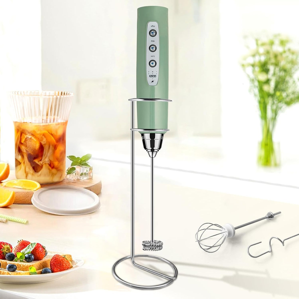 Milk Frother with Stand Rechargeable-Handheld Coffee Frother with 3 Stainless Whisks 3 Speed Adjustable, Electric Whisk Drink Mixer, Foam Maker Blender for Matcha Latte Cappuccino Chocolate