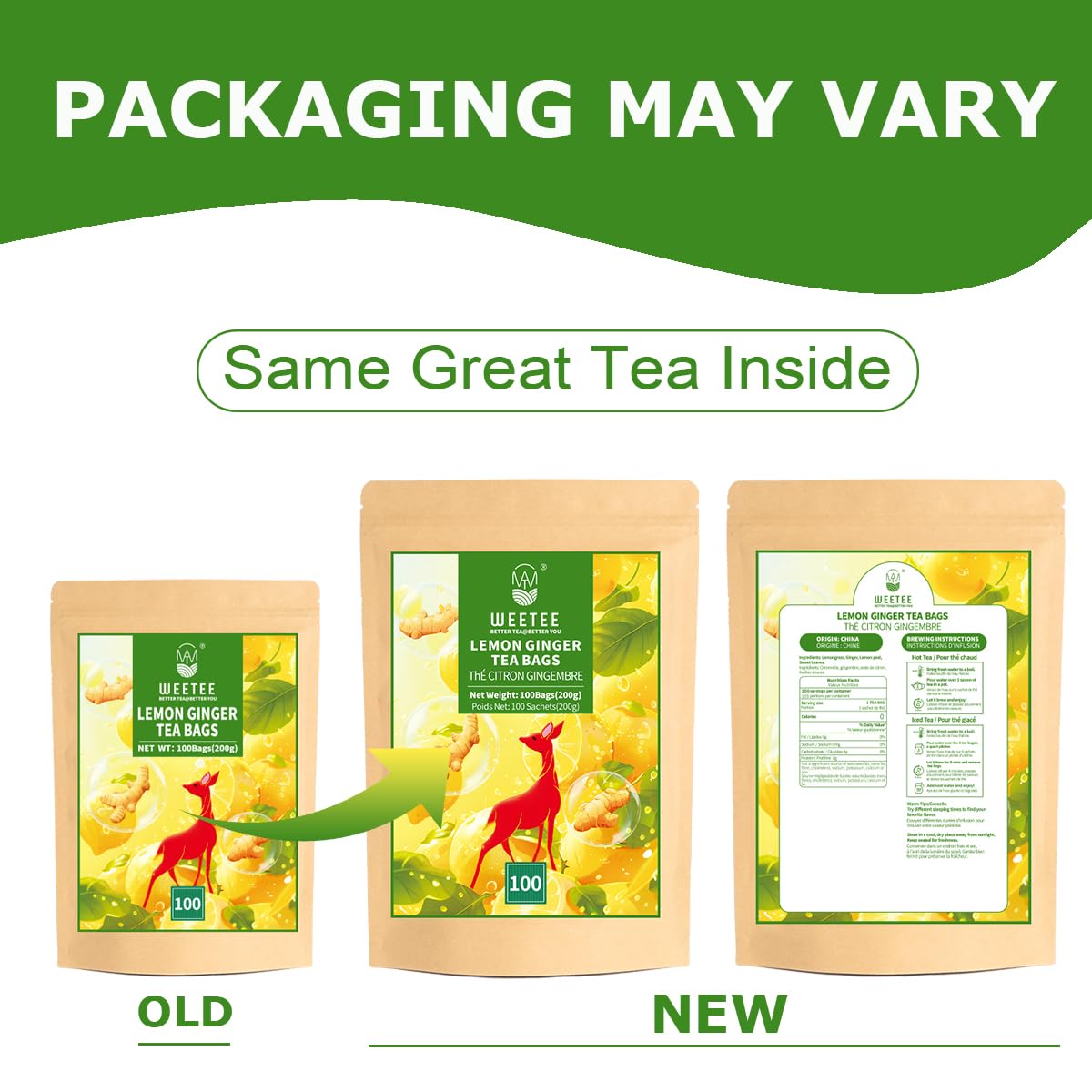 WT WEETEE Lemon & Ginger Herbal Tea, 100% Natural Ingredients, Made With Lemongrass, 100 Count Caffeine-Free Tea Bags