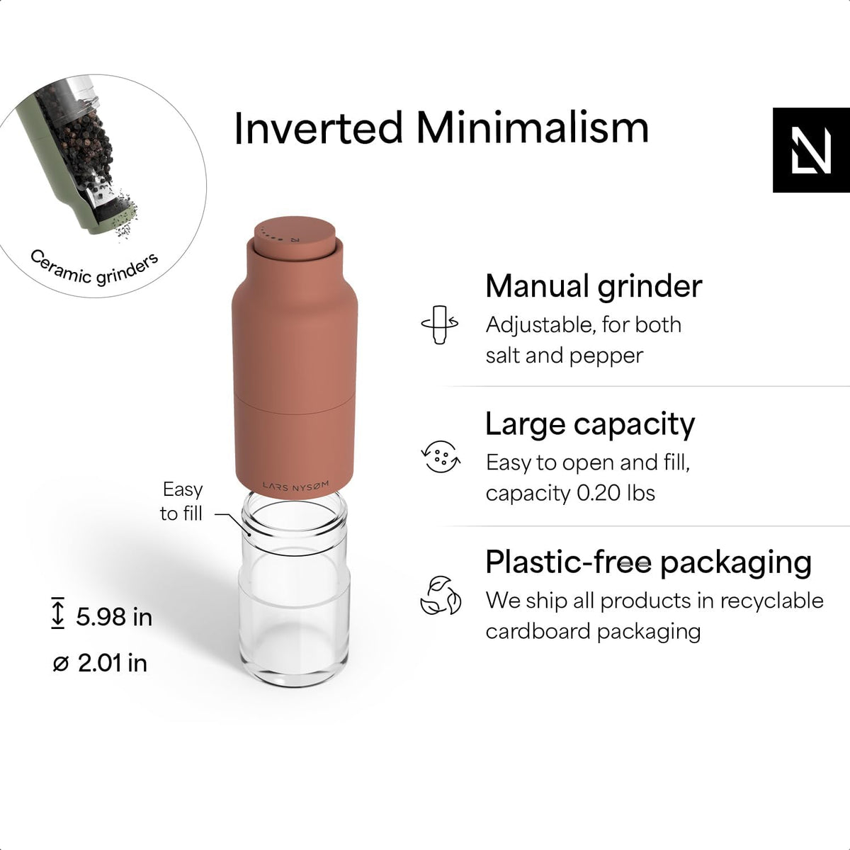 LARS NYSØM Salt and Pepper Grinder Set, Stainless Steel Manual Salt and Pepper Mills, Adjustable Ceramic Grinder, Design Spice Shakers (Red/Green)