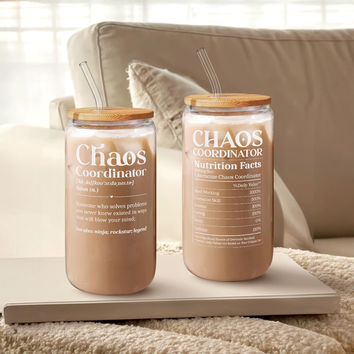 Chaos Coordinator 16oz Can Glass Tumbler with Bamboo Lid & Straw, Iced Coffee Cup for Female Coworker Friends Colleagues, Aesthetic Cups Gifts for Birthday Christmas Farewell Retirement