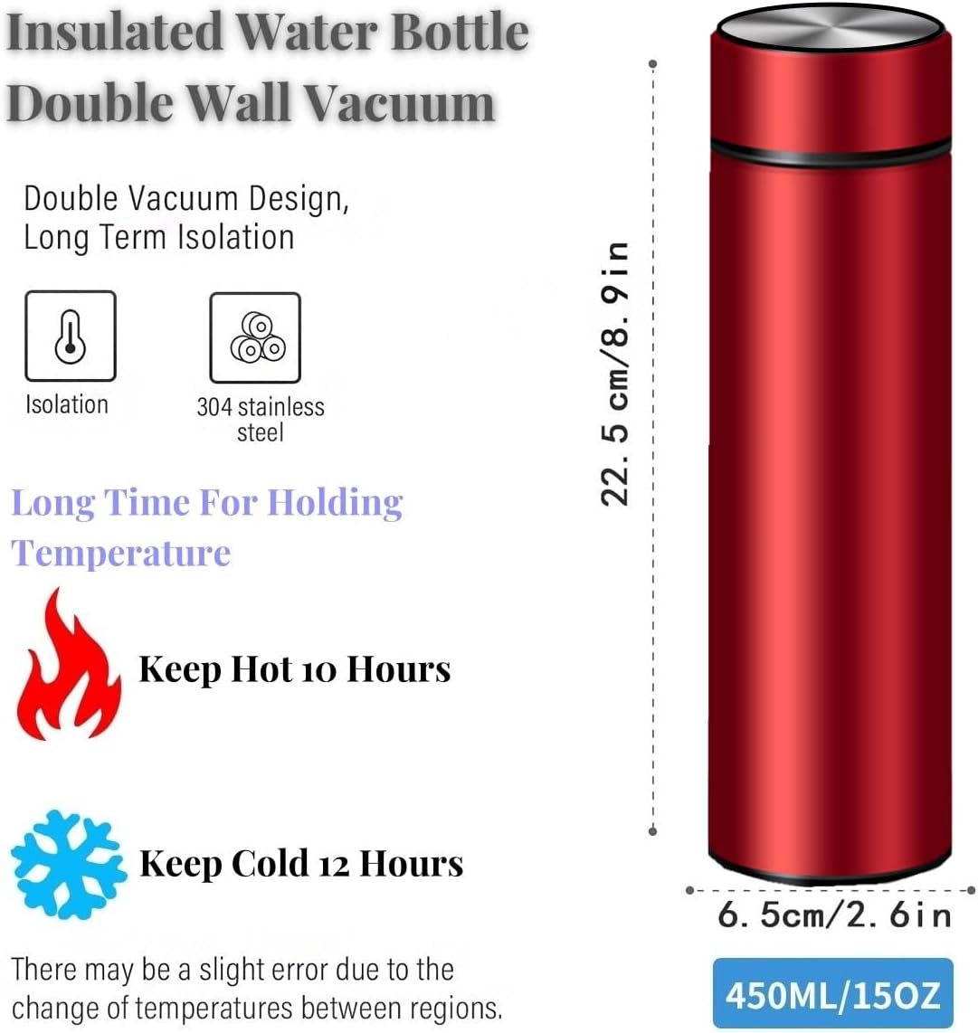 Insulated Water Bottles- Vacuum Tumbler for Coffee, Tea and Drinks with Stainless Steel Infuser - 15 oz Tea Thermo Travel Bottle/Keeps Drinks Hot or Cold for Hours/Gift Packing (Red)