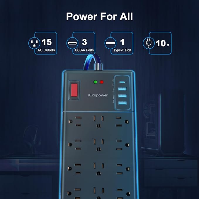 Surge Protector Power Strip 10 ft cord-15 Widely Spaced Outlets and 4 USB Ports(1 USB C Port),14 AWG Extension Cord,1875W/15A Heavy Duty Power Strip Surge Protector 10 ft Cord,2800J,Black