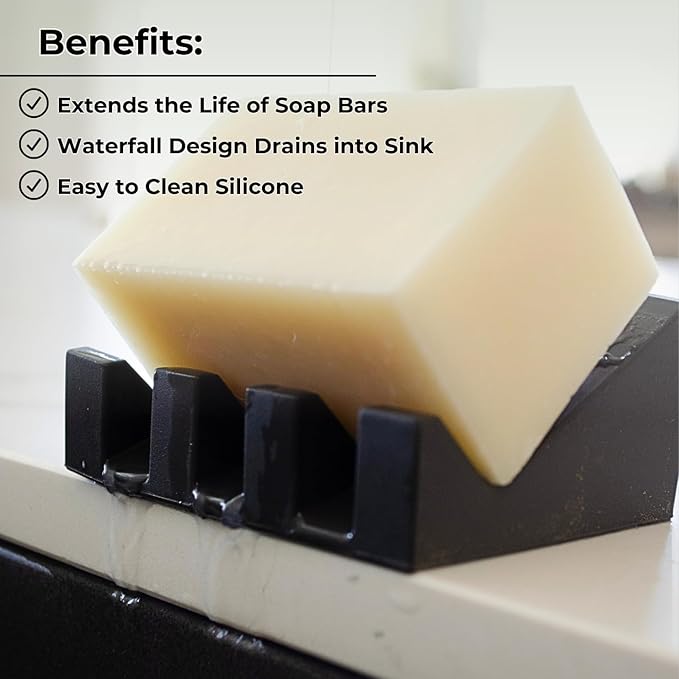 Silicone Soap Dish – 2 Pack, Waterfall Drainer Soap Holder for Bathroom, Suction Cups for Non-Slip Saver for Bar Soap, Sponge Holder & Sink Organizer, Extend Life, Durable & Easy to Clean (Black)