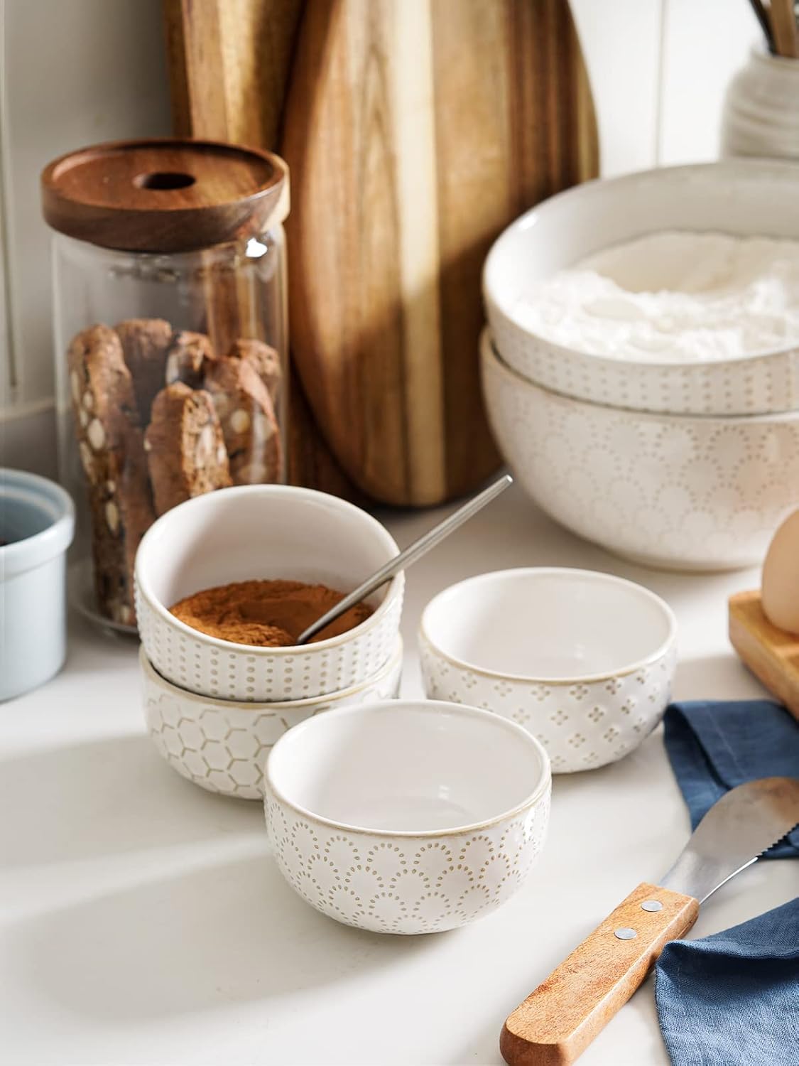 LE TAUCI Small Bowls 7 OZ, Ceramic Embossment Stoneware Bowl for Dipping, Side Dish, Sauce, Appetizer, Dessert, Sushi, Suit For House-warming - 3.5 inch, Set of 4, Arctic white