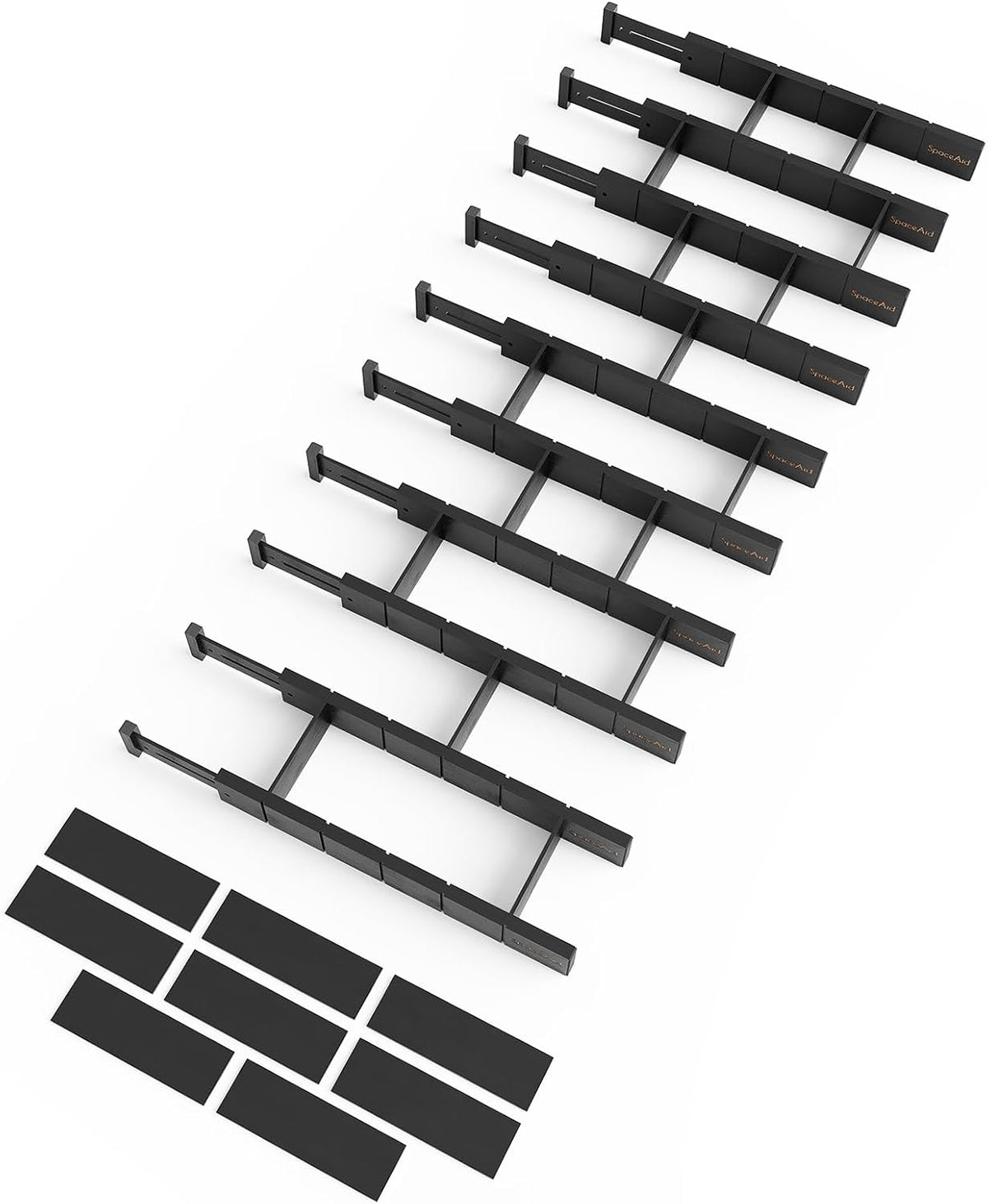 SpaceAid Bamboo Drawer Dividers with Inserts and Labels, Kitchen Adjustable Drawer Organizers, Expandable Organization for Home, Office, Dressers, 10 Dividers with 24 Inserts (17"-22" Black)