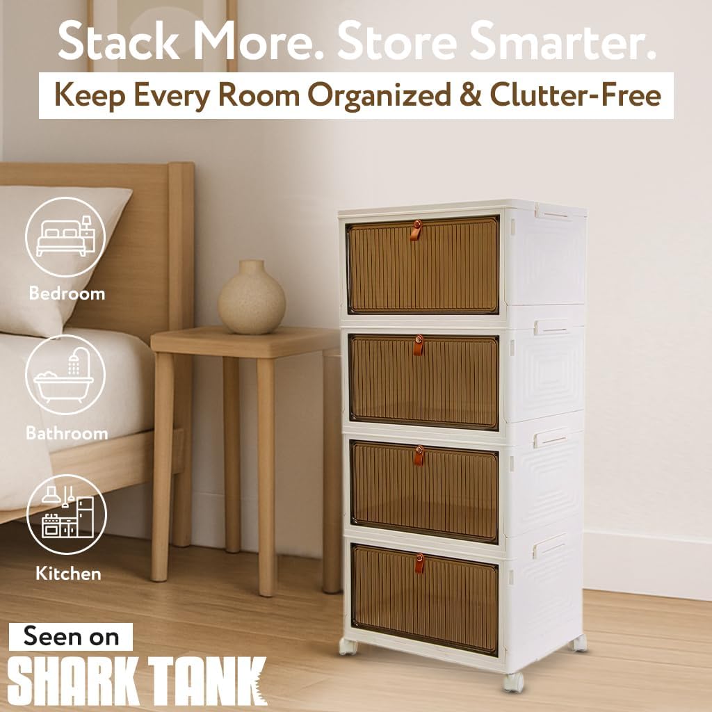 Quik Box Sport 4-Tier Stackable Storage Organizer - 24 Gallon Capacity Collapsible Bins with Magnetic Doors, Space-Saving Vertical Storage for Bedroom, Closet, Dorm Organization