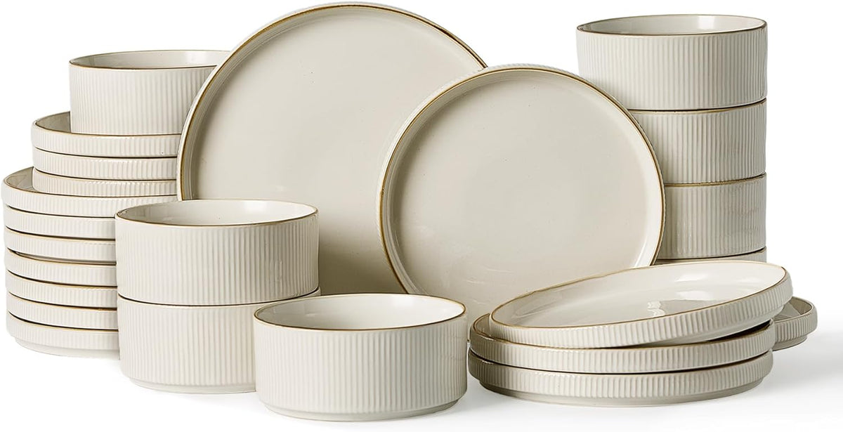Famiware Star Dinnerware Set, Plates and Bowls Sets for 8 (24pcs), Ribbed Stoneware Dishes - Chip & Scratch Resistant, Microwave & Dishwasher Safe Tableware, Vanilla White