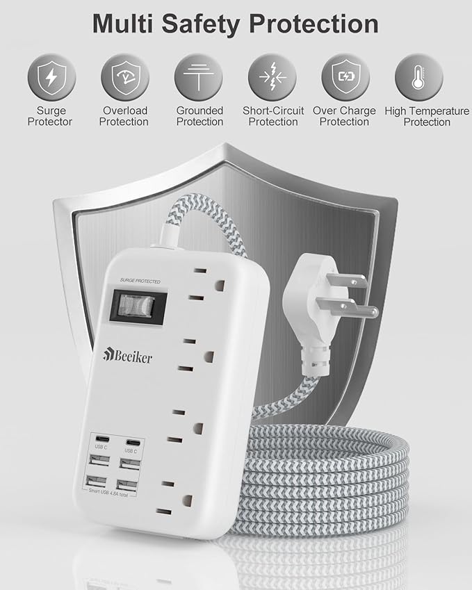 6 USB(2 USB C) Surge Protector Power Strip- 15 Ft Extension Cord with 6 USB Charging Station and 4 Outlets, Flat Plug Long Braided Extension Cord with Multiple Outlets Wall Mount for Home Office Dorm