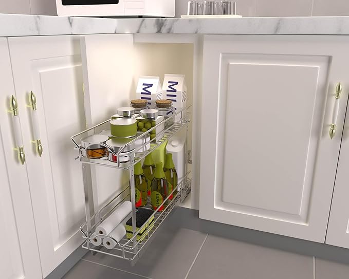 OCG Slide Out Cabinet Organizer for Narrow Cabinet (9" W X 21" D), 2 Tier Pull Out Shelves Slim Sliding Cabinet Organizer and Storage, Chrome