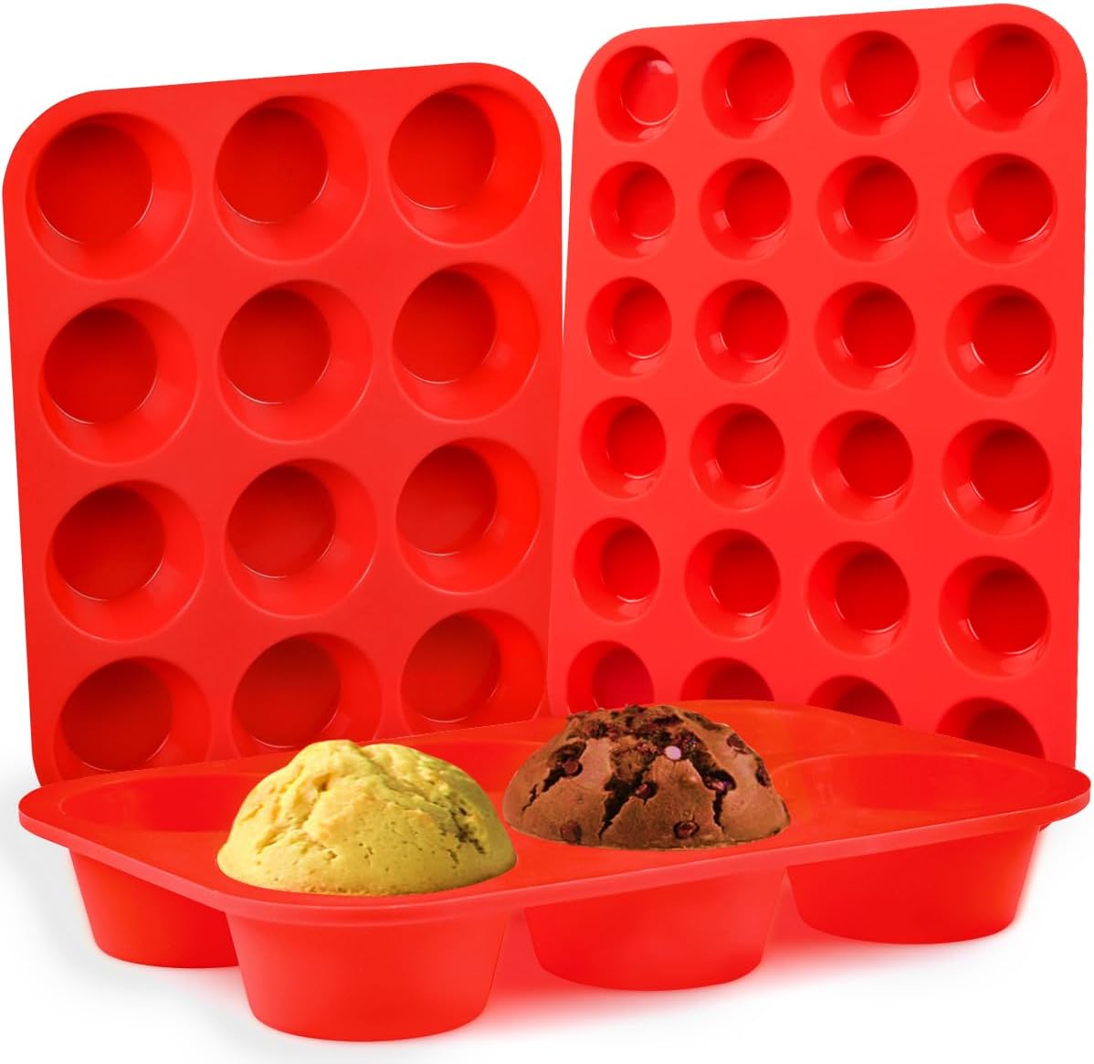 CAKETIME Silicone Muffin Pan Set - Mini 24 Cups, Regular 12 Cups Cupcake Pan, Jumbo 6 Cups Muffin Pan Silicone Bakeware for Baking Set of 3