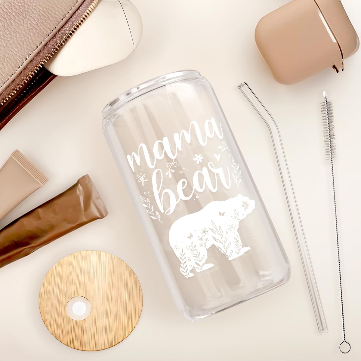Mom Gifts - Mama Bear 16 Oz Can Glass Tumbler with Bamboo Lid and Straw - Iced Coffee Cups for Women, Aesthetic Glass Cup Gift for Birthday Christmas Mother's Day