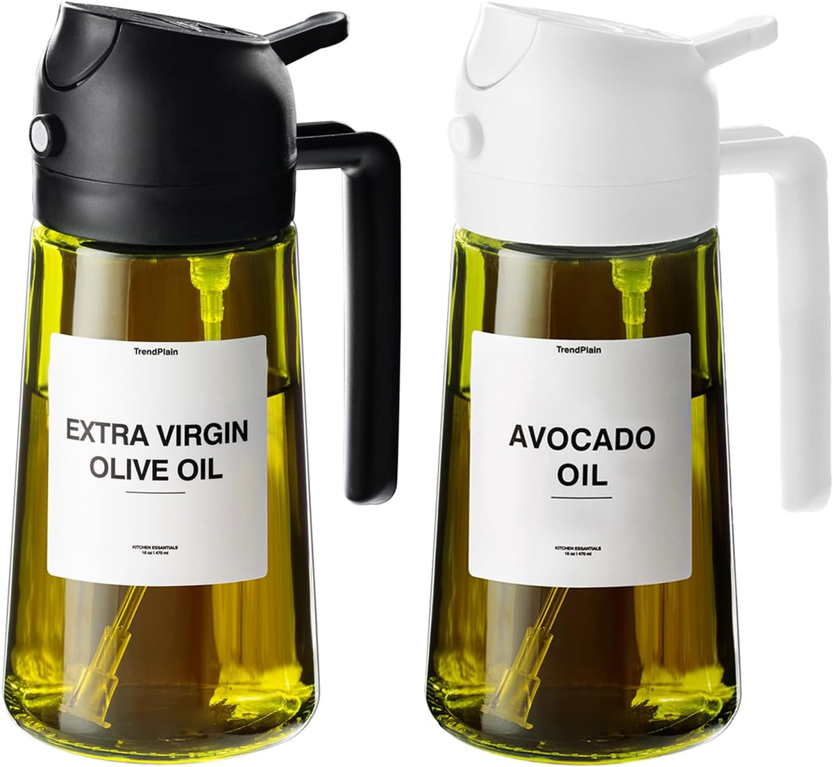 TrendPlain - Original 16oz/470ml Olive Oil Dispenser Bottle for Kitchen Gadgets and Air Fryer Accessories - Olive Oil Sprayer for Cooking w/Stickers - Black&White