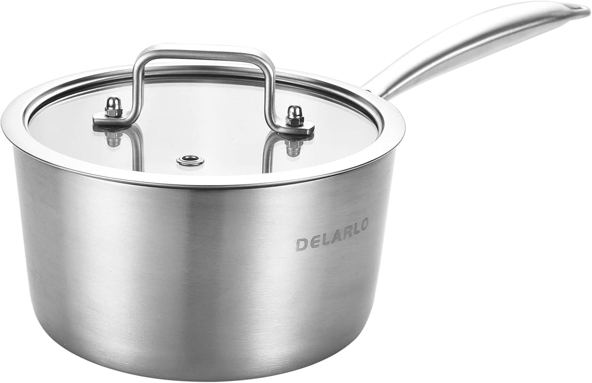 DELARLO Whole Body Tri-Ply Stainless Steel 3 Quart Saucepan with Lid, Oven Safe 600℉, Heavy Duty Saucier Pan 3 Quart, Fast and Even Heat, Kitchen and Dining Sauce Pot, Induction Pot(Lids 300℉)