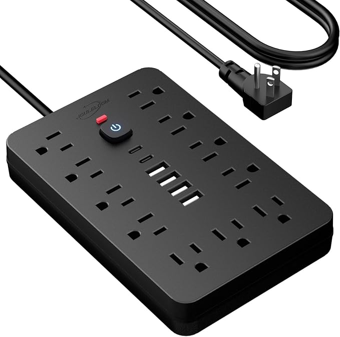 5 FT Flat Plug Surge Protector Power Strip,11 Multiple AC Outlets with 6 USB Ports (2 USB C), 5 Feet Extension Cord, 1250W/10A, One Touch Switch Button, 17 in 1 Compact powerstrip