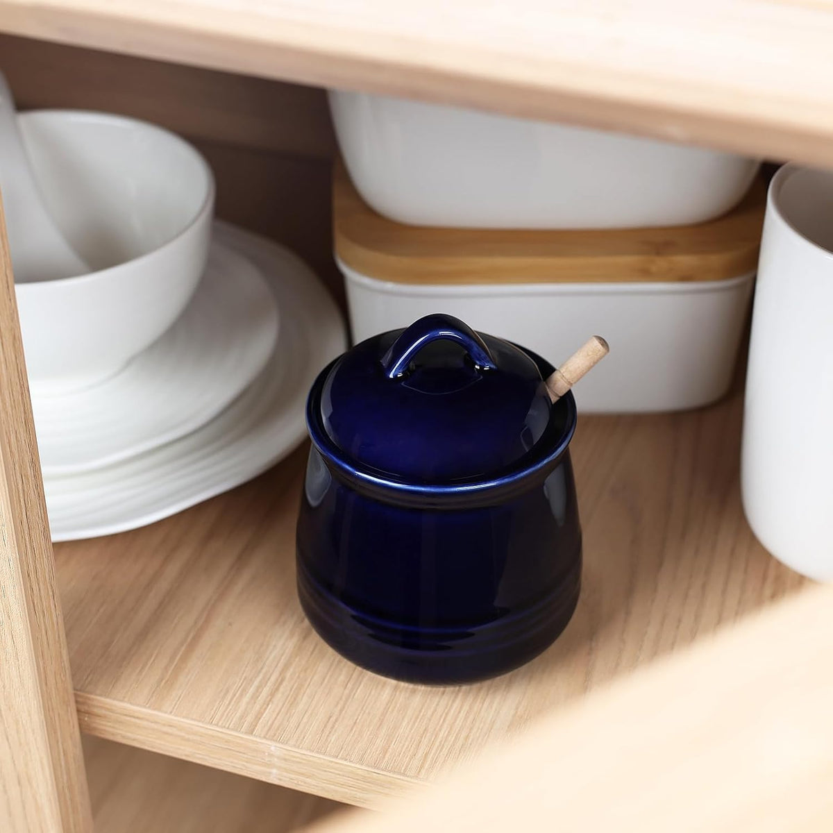 HAOTOP Ceramic Honey pot with Lid and Honey Dipper,Porcelain Honey Jar Easy to Clean and Dishwasher Safe,12oz (Navy)