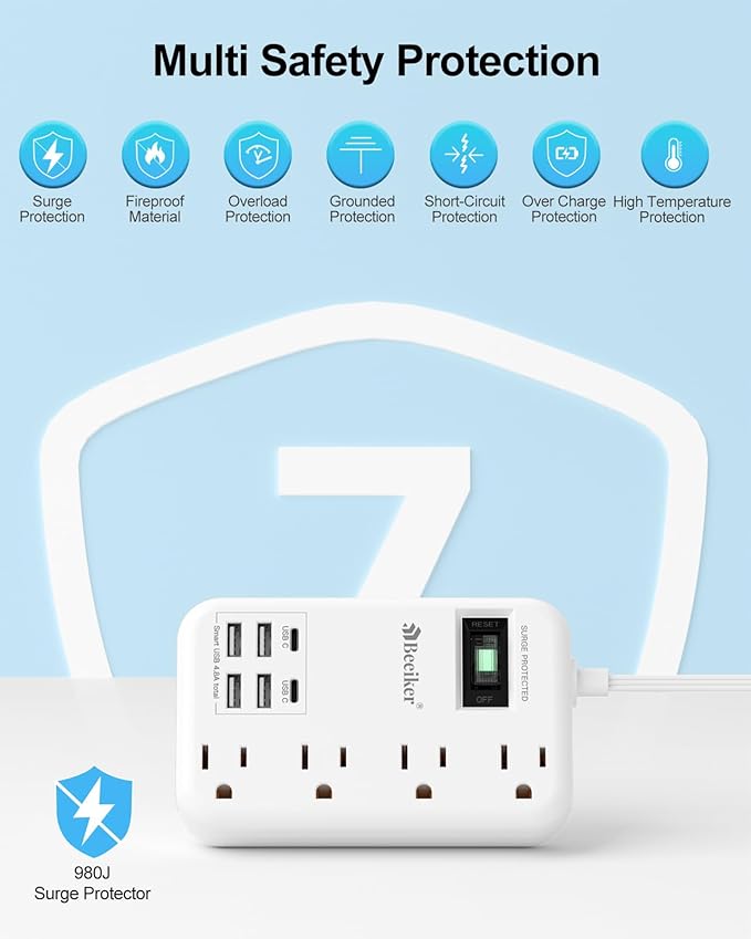 6 USB(2 USB C) Surge Protector Power Strip- 10 Ft Extension Cord with 24W USB Charging Station and 4 Outlets, Long Flat Extension Cord with Multiple Outlets for Travel Home Office Dorm White