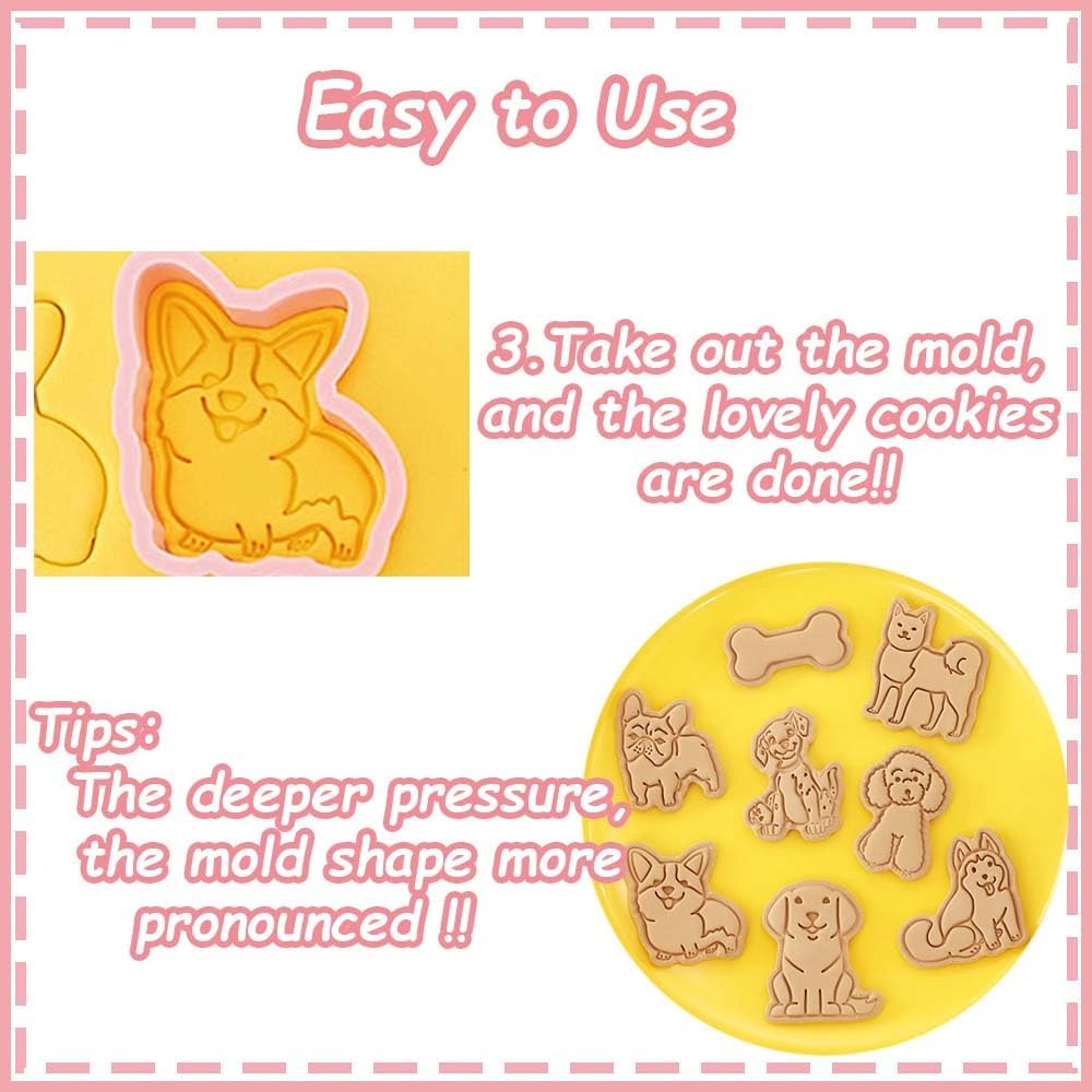 8 Dog Cookie Cutters Set, 3D Puppy Cookie Stamps, Cupcake Pancake Apple Pie Pastry Biscuit Molds, Cookie Baking Molds for Dog Party Decorations (Puppy-2)
