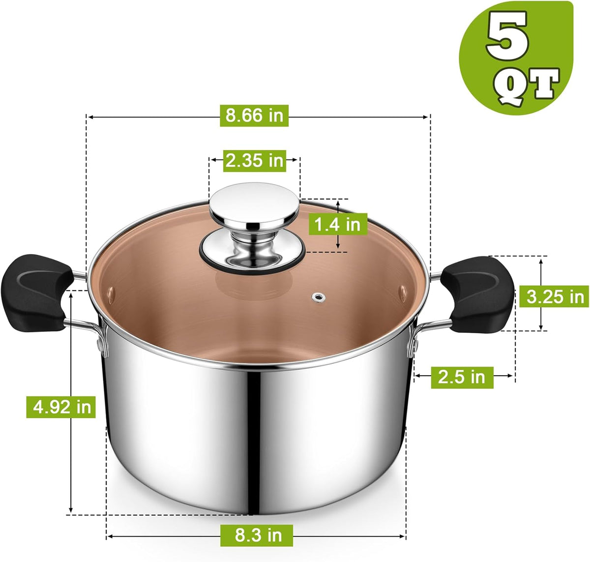 P&P CHEF Stainless Steel 3-Ply Sock Pot with Lid, Stockpot for Cooking Pasta & Stewing Soup, Fits Multi Stoves, Heat-proof Handle & Clear Lid, Heavy Duty & Dishwasher Safe, 5 Quarts