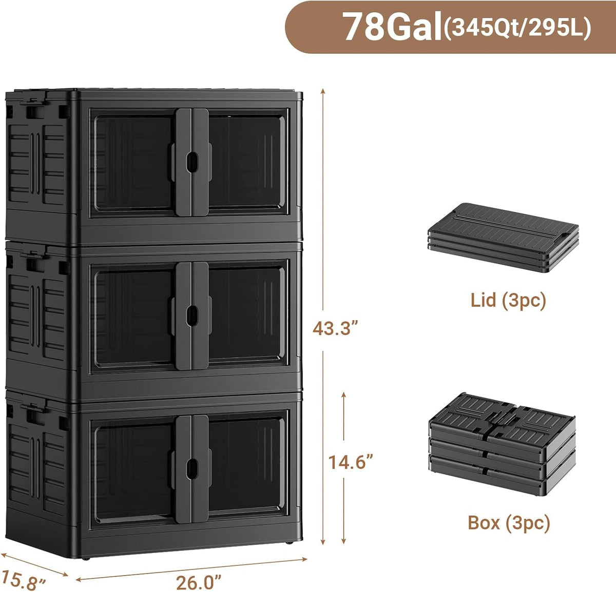 345Qt Stackable Storage Bins with Individual Lids & Wheels, Large Plastic Collapsible Latching Boxes Closet Organizers and Storage Cabinet Shelves Units for Home Kitchen Dorm, 3-Pack Black