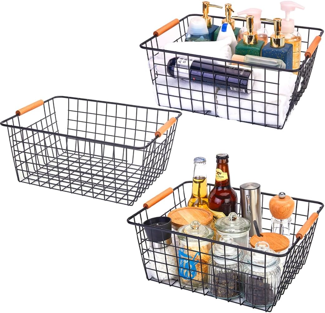 LeleCAT Large black wire baskets with Wooden Handles for storage pantry, Storage Organizer Baskets, Household Refrigerator for Cabinets, Closets, Bedrooms, kitchen - Set of 3 Black