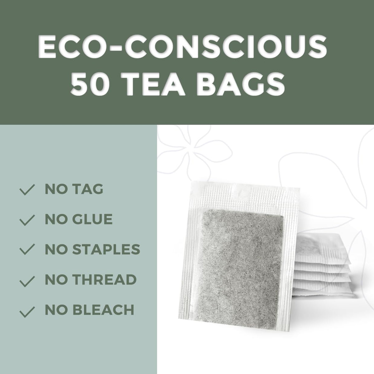 Fescha Organic Jasmine Green Tea Bags, Flower-scented Tea (50-count), Eco-Conscious Tea Bags, Packed by Resealable Kraft Bag