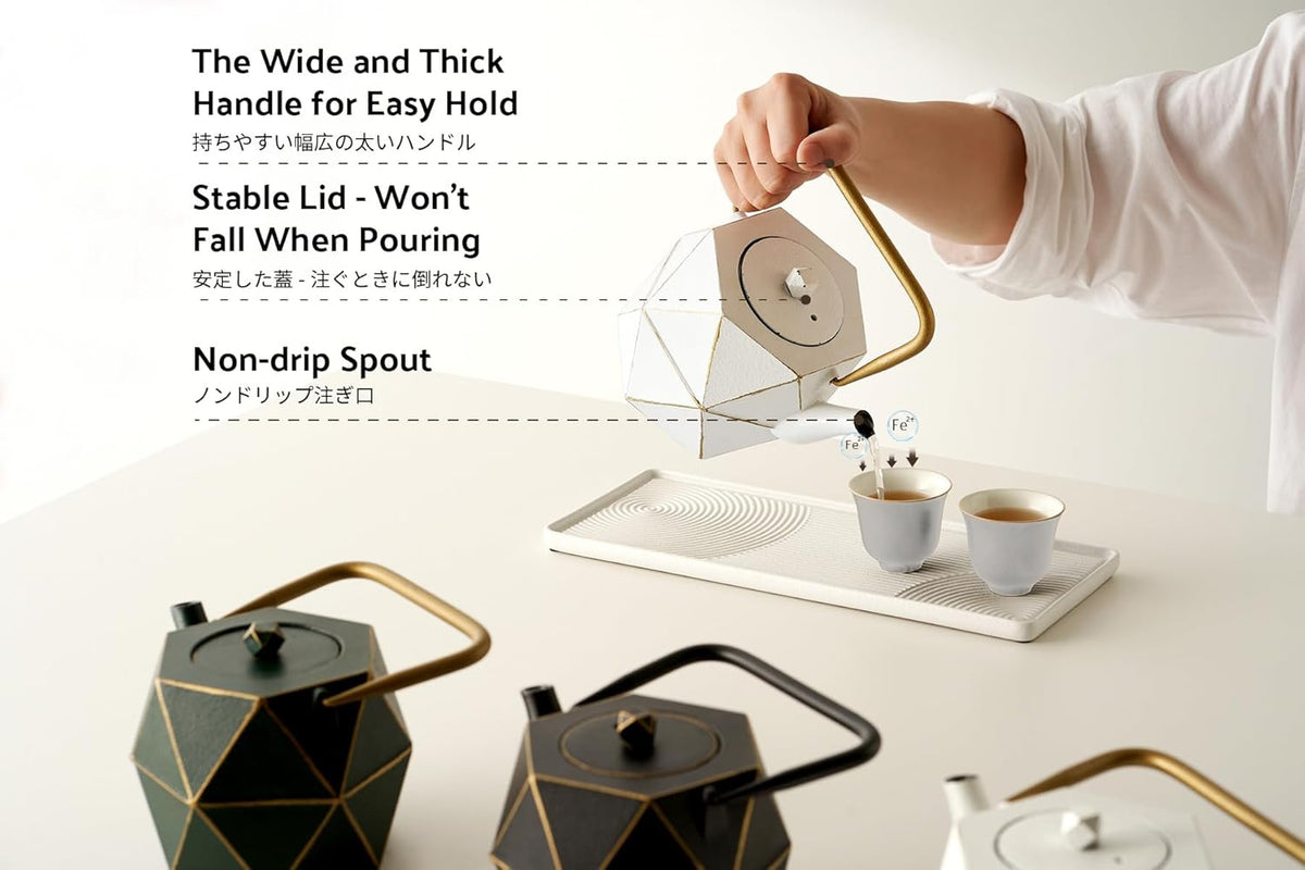 Toptier Cast Iron Teapot, Stovetop Safe Japanese Cast Iron Tea Kettle, Diamond Design Tea Pot with Removable Infuser for Loose Tea, 30 Ounce (900 ml), White