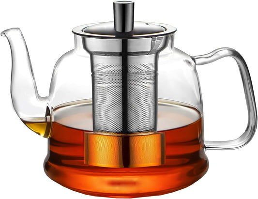 Glass Teapot 1600ml (54oz) - Borosilicate Glass Tea Kettle with Removable Stainless Steel Infuser, Stovetop Safe Heat-Resistant Tea Maker for Blooming and Loose Leaf Tea (1600ml)
