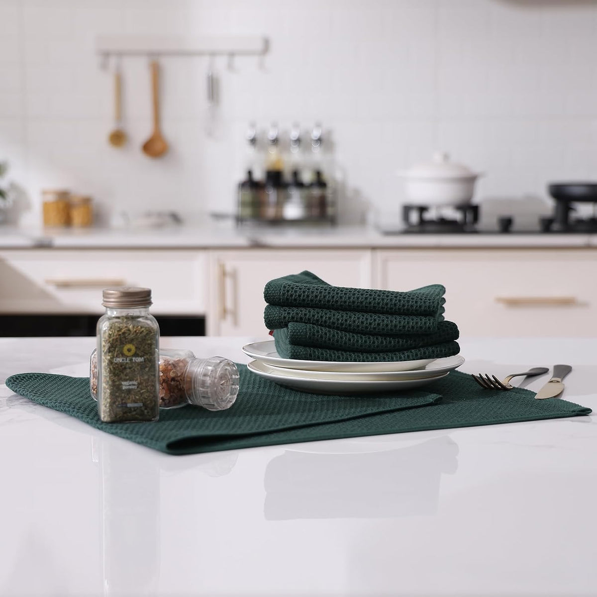 Kitinjoy 100% Cotton Waffle Weave Kitchen Towels, 6-Pack Super Soft and Absorbent Dish Towels for Drying Dishes, Kitchen Hand Towels, 13 in x 28 in, Blackish Green