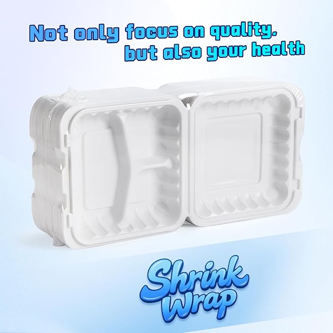 YANGRUI Food Containers 9" 41 oz 100 Pack - Mineral Filled BPA Free Polypropylene Plastic | Shrink Sealed | Reusable Dishwasher Freezer & Microwave Safe | Stackable Design 3 Compartment Takeout Boxes