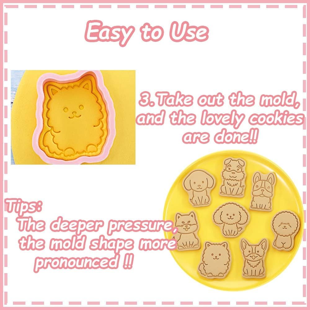 8 Dog Cookie Cutters Set, 3D Puppy Cookie Stamps, Cupcake Pancake Apple Pie Pastry Biscuit Molds, Cookie Baking Molds for Dog Party Decorations (Puppy)