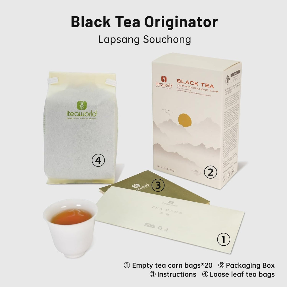 iTeaworld China Lapsang Souchong Loose Leaf Black Tea No smoky flavor smooth light floral and fruity aroma 100g Free 20 Tea Bags