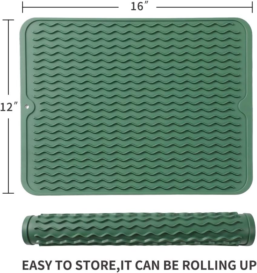 Silicone Dish Drying Mat for Multiple Usage,Easy clean,Eco-friendly,Heat-resistant Silicone Mat for Kitchen Counter or Sink,Refrigerator or drawer liner Green L 16 inches x 12 inches