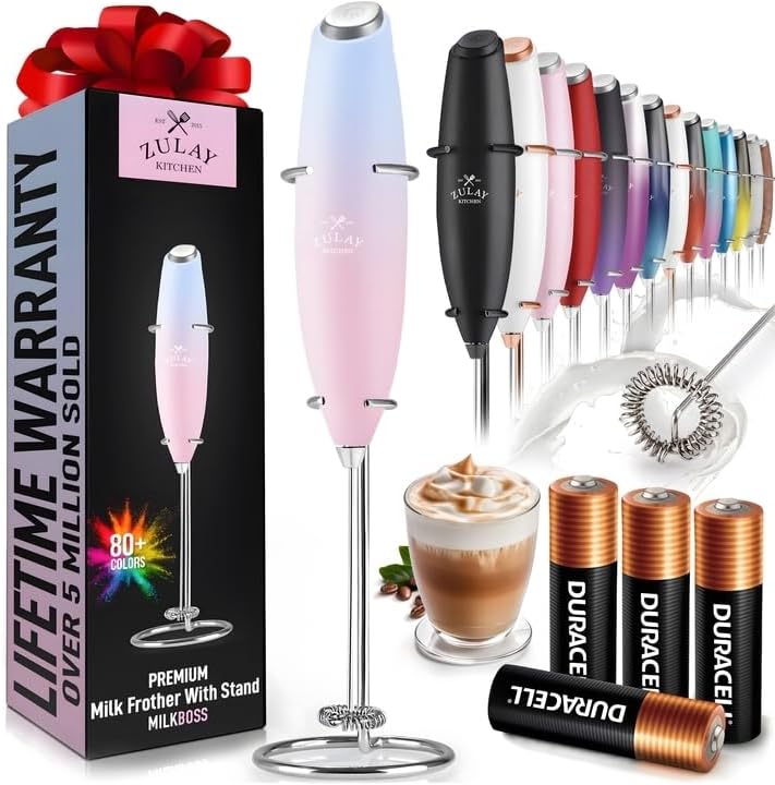 Zulay Kitchen Powerful Milk Frother Wand With 4 AA Duracell Batteries - Ultra Fast Handheld Drink Mixer - Electric Whisk Foam Maker for Coffee, Lattes, Cappuccino, Matcha & Creamer -