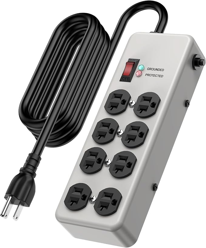 HEZI 20A Power Strip Surge Protector Durable Metal 8-Outlet with Heavy Duty 20 Amp Extension Cord,12 Gauge for Garage,Workshop & Industrial Use with 6-20R T-Slot Outlets,4800J(Grey,10FT)