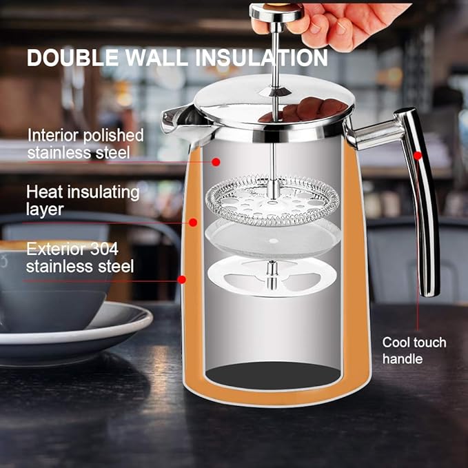Secura French Press Coffee Maker, 50-Ounce, 304 Stainless Steel Insulated Coffee Press with Extra Screen