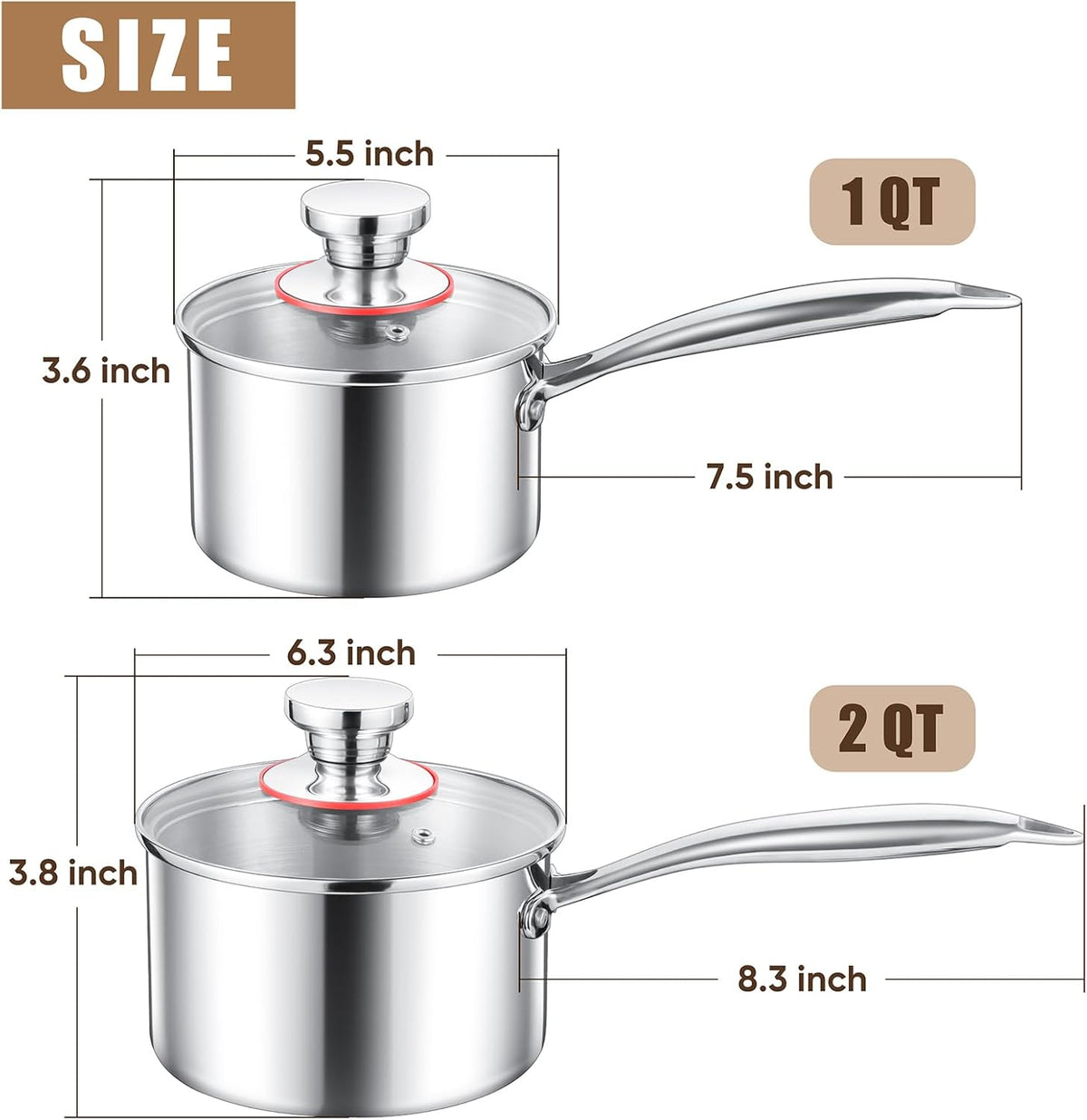 E-far Stainless Steel Saucepan Set - 1Qt & 2 Qt, Triply Sauce Pan Pot with Lid for Cooking Pasta Warming Milk Boiling Water, Small Metal Cookware for Kitchen, Induction Ready & Heavy Duty