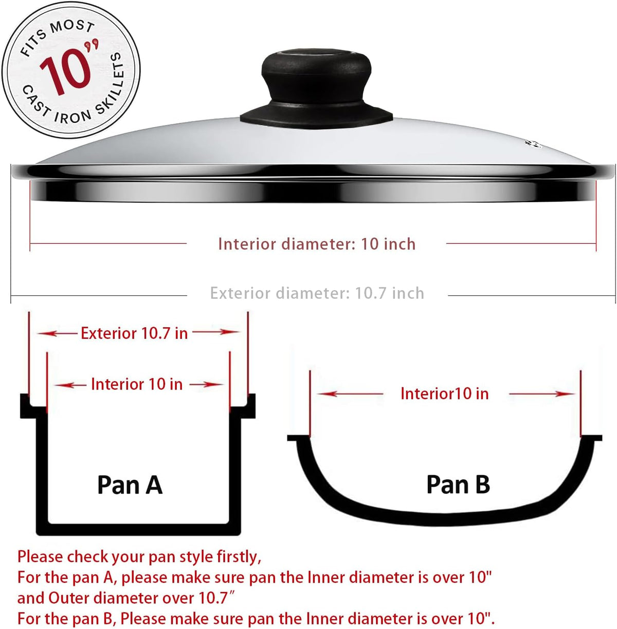 10 Inch Pan Lid Replacement Glass Lid for Pans, Pots, Skillets and Cast Iron, Clear, 1 Set