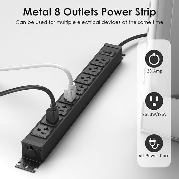 JUNNUJ Heavy Duty Power Strip Wall Mount, 20 Amp Surge Protector 1200J Metal 8 Outlet Under Desk Mounted 20A, Garage Power Table Socket Industrial Outlets 6-20R T-Slot, Black-6FT 12AWG Extension Cord