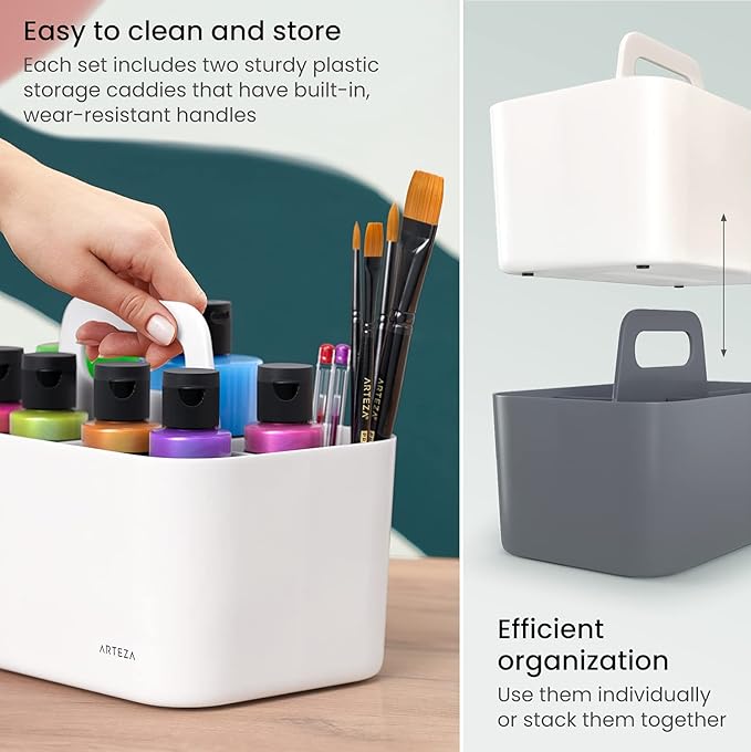 ARTEZA Storage Caddy Pack of 2, Gray and Ivory, 5-Compartment Plastic Caddy Organizer with Easy-to-Remove Divider Partition