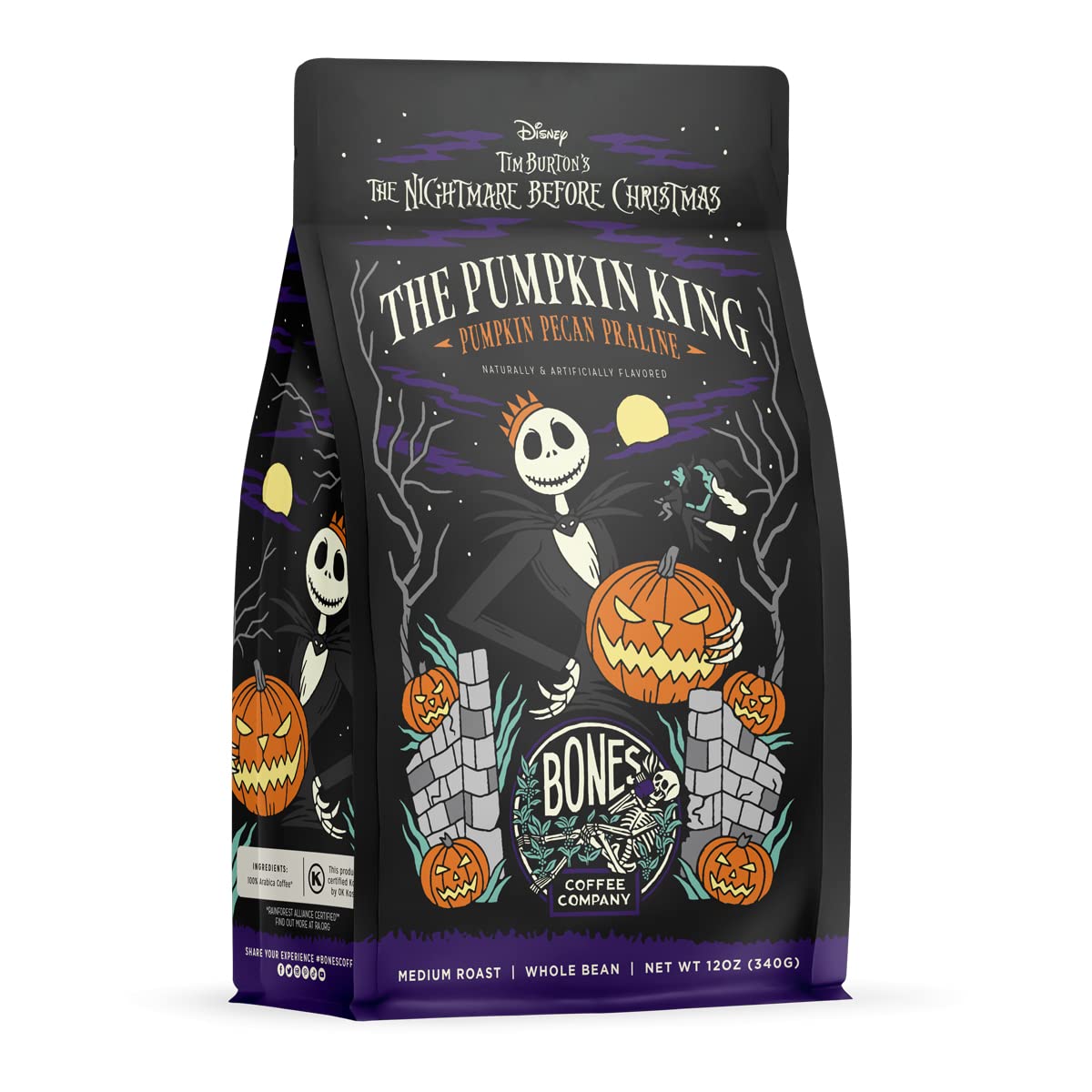 Bones Coffee Company The Nightmare Before Christmas Pumpkin King Flavored Coffee Beans, Whole Bean Coffee Medium Roast Low Acid, Pumpkin Pecan Praline Flavor (12 oz)